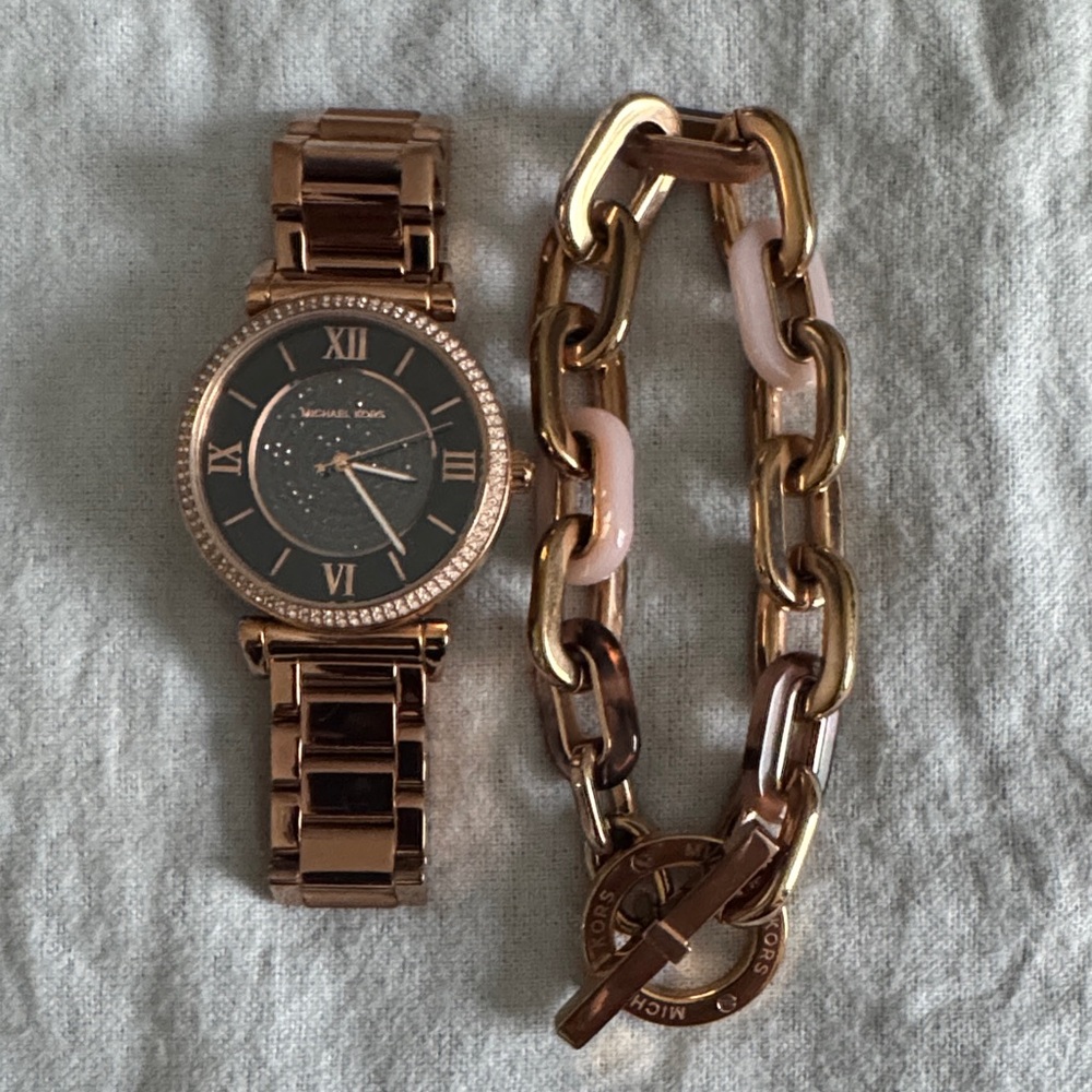 Michael Kors Rose Gold Watch with crystals around the face & Chain Bracelet set